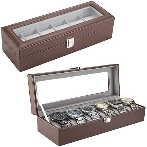 ProCase Estuche Relojero 6 Relojes, Caja de Relojes de Cuero PU para Hombres, Tapa con Escaparate de Cristal -Marrón