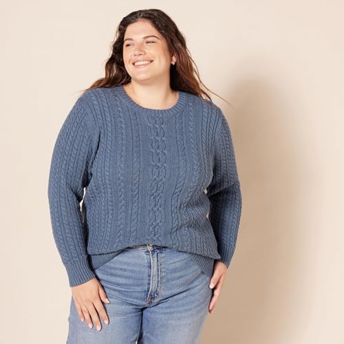 Image of Amazon Essentials Women's Regular Fit Soft Cotton Cable Knit Ribbed Crewneck Sweater (Available in Plus Size)