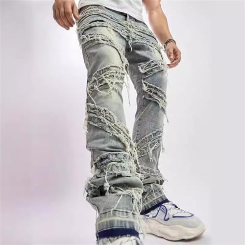 Mens Frayed Stacked Jeans Ripped Slim Fit Distressed Denim Pants Y2K Style Soyellow Streetwear Look2