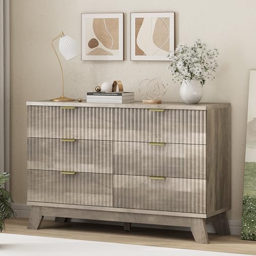 Image of Xixini Fluted Dresser for Bedroom with 6 Drawers, 48 inch Wide Modern Chest of Drawers with Metal Handle, Wooden Dresser TV Stand, Wood Closet Clothes Storage Organizer for Living Room, Hallway, Grey