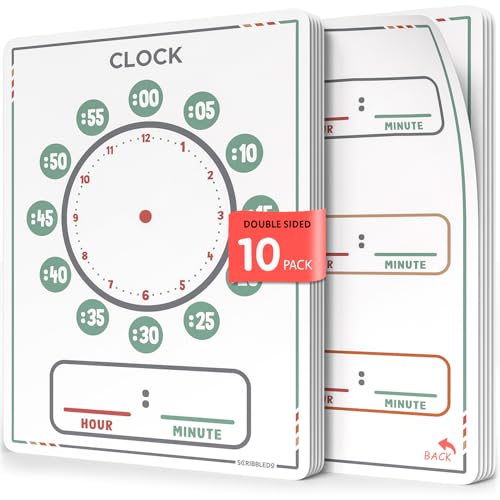 Scribbledo 10 Pack Telling Time Teaching Sheets - 9'x12' Dry Erase Learning Clocks for Kids Homeschooling Supplies