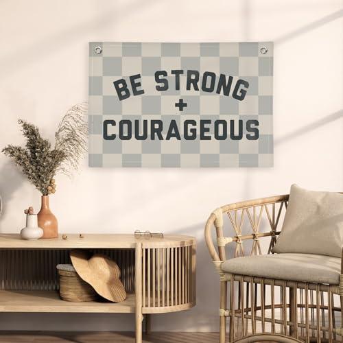 Image of Motivational Quotes Boys Room Decor，Be Strong Courageous Bibie Joshua 1:9 Playroom Decor Linen Canvas Banner,Vintage Checkered Wall Hanging Flag Decor for Kids Toddler Room 30x20 bestrong