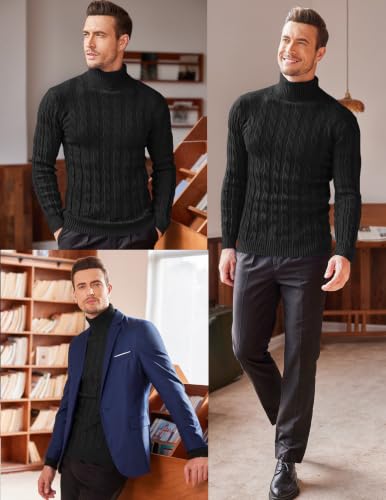 Image of COOFANDY Men's Slim Fit Turtleneck Sweater Casual Twisted Knitted Pullover | Turtleneck Design, Cable Knit Texture with Ultra Stretch, Slim Fit Thermal, Business Casual Office Wear, Fall Winter Clothing