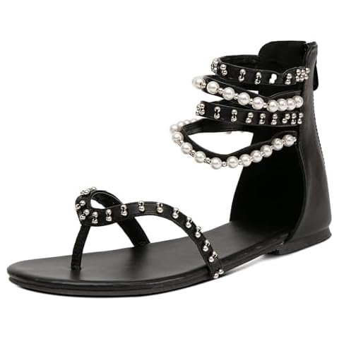 GATUXUS Women's Pearls Thong Flats Sandals Beads Ankle Strappy Back Zipper Flip Flops Dress Sandals Shoes (Black, US 10) Cover