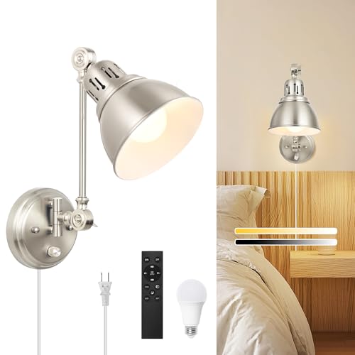 Image of GOODATE 1 Pack Plug in Wall Sconce with Remote Control, Dimming, Adjustable Colors 2700K-6500K, Plug in Wall Light, Swing Arm Wall Lamp with Night Light & Timer, LED Bulb Included, Brushed Nickel
