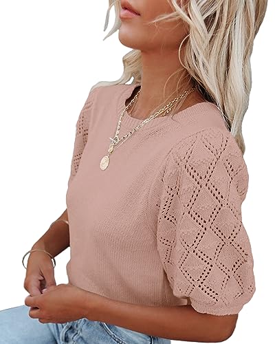 Image of Womens Short Sleeve Sweaters Crewneck Knit Pullover Tops 2025 Summer Casual Lightweight Crochet Blouse Shirt