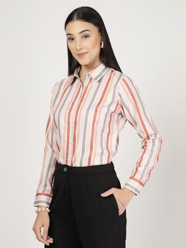 Image of Style Quotient Women Beige White Stripe Printed Formal Shirt