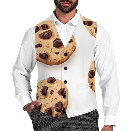 Chocolate Chip Cookies Formal Suit Vest for Men with Pockets for Business Casual Dress Tuxedo Slim Fit