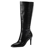 Modatope Boots for Women Knee High Crocodile Black Tall Boots for Women High Heels Side Zipper Fall Boots Pointed Toe Long Boots Women Size 7