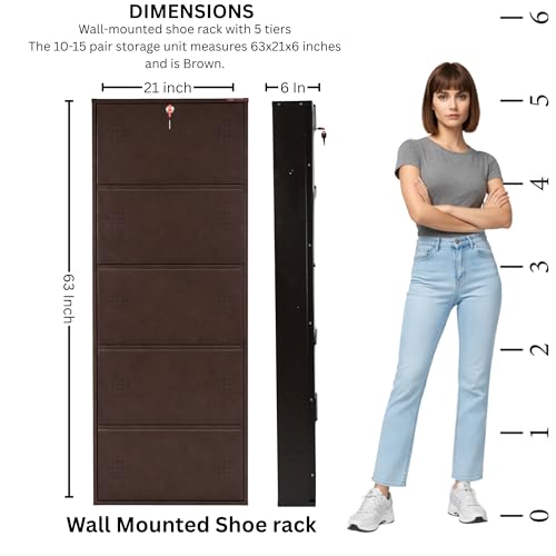 Image of 5 Door Wall Mounted Metal Shoe Rack Cabinet with Lock | Space Saving Shoe Storage Cabinet for Home, Entryway & Balcony | Dustproof Ventilated Shoe Organizer | Brown | 63 x 21 x 6 Inch