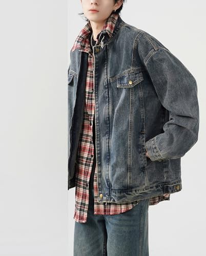 HBER Mens Teen Boys Long Sleeve Denim Jacket Zip Up Casual Loose Trucker Biker Jeans Jacket Coat Fall Denim Outwear3