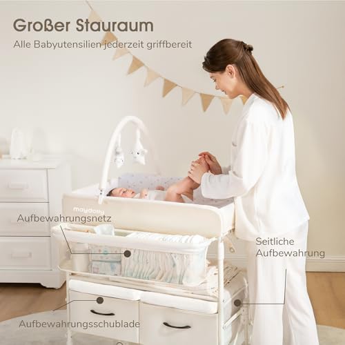 Maydolly Tragbarer Wickeltisch für Babys, Multifunktionaler Faltbarer Wickeltisch, Höhenverstellbar mit Rädern und 2 Aufbewahrungskörben, Wasserdichtes Sitzkissen zum Wickeln, Beige