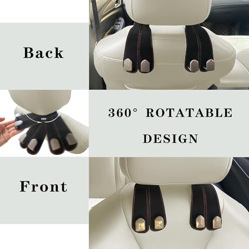 Car Headrest Hooks for Purses and Bags, 2-Pack Leather Car Seat Hooks, Multifunctional Storage Hook for Car Seat Back, 100% Metal Car Bag Hook, Black