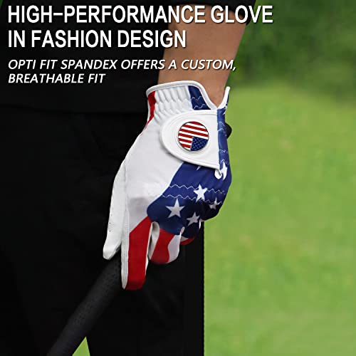 Finger Ten Golf Gloves Men Left Hand Right Leather With Ball Marker Usa Flag Pack, Mens Golf Glove All Weather Grip, Fit Size Small Medium Ml Large Xl (Usa Flag, Large, Left) #TOP5