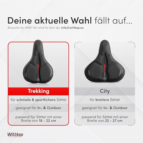 WITTKOP Fahrradsitzkissen mit Gelkissen & Memory-Schaum I Ergonomischer Fahrradsitzbezug für Damen und Herren mit 3-Zonen-Konzept I Bequemer Fahrradsattelbezug für Peloton & Fahrradsitz