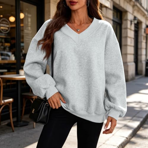 FULILYEO Womens V Neck Oversized Sweatshirts Long Sleeve Pullover Fleece - image 2