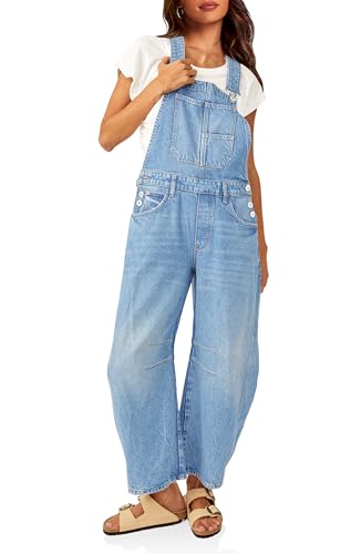 PLNOTME Womens Denim Bib Overalls Barrel Leg Adjustable Strap Jean Pants Jumpsuits with Pockets