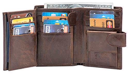Large RFID Genuine Leather Card Holder Trifold Wallet Snap Closure 3 ID Windows for men (Chocolate)