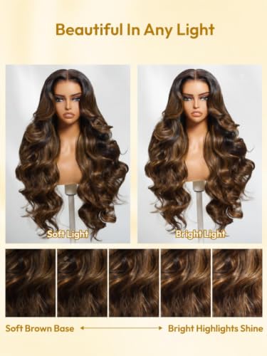 Image of Sunber Balayage Brown Body Wave Wig Human Hair 180% Density Highlight 13x4 HD Lace Front Glueless Wig Pre Cut Lace Pre Plucked Bleached Knots Invisi Drawstring Wear and Go Loose Wave Wigs 18inch