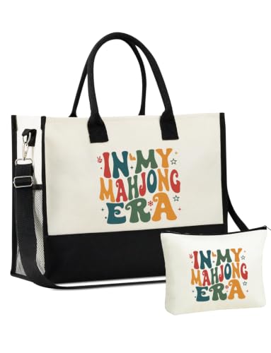 Image of InnoBeta Mahjong Gifts for Women, Mahjong Canvas Tote Bag with Zipper Closure & Shoulder Strap, Mahjongg Gifts for Birthday