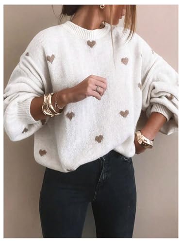 Verdusa Women's Heart Print Crew Neck Sweater Tops Long Sleeve Loose Holiday Knit Pullovers4