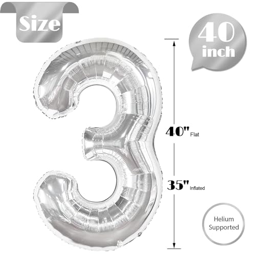 Image of Silver 3 Balloon, Number Balloons 40 Inch, 3rd Birthday Decorations, Men Women Silver Party Supplies for Party Decorations, Number 3 Balloon