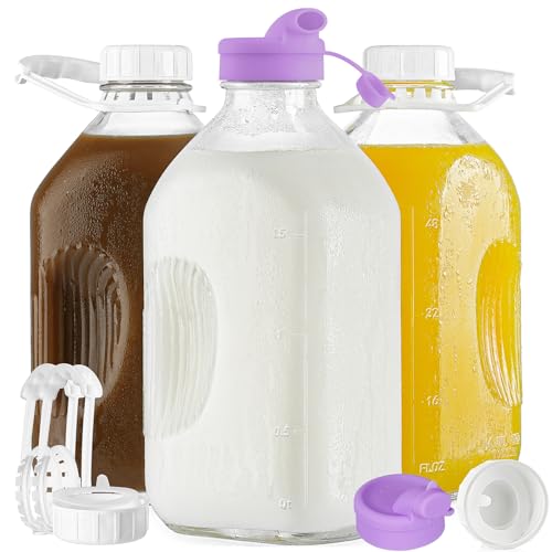Image of Ritayedet 3 Pack 64 Oz Heavy Duty Glass Milk Bottle with Handles and 4 Reusable Airtight Kids' School Water Bottles, Lab Weighing Bottles, Lab Wash Bottles