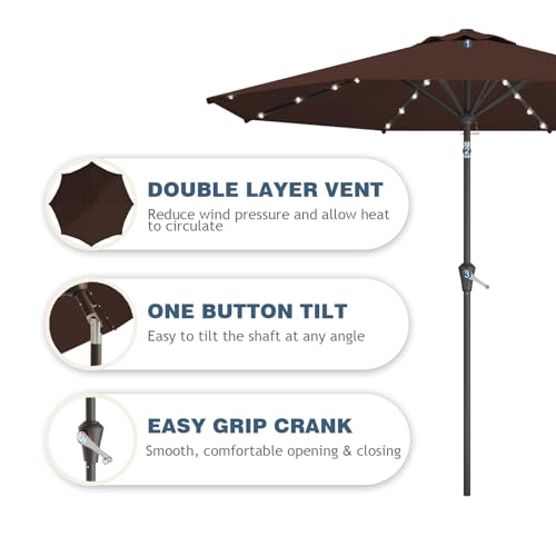 Image of 9FT Patio Umbrella with Solar Lights,Outdoor Market Umbrella with Tilt and Crank, LED Lighted Table Umbrella for Garden,Deck,Backyard,Pool,Beach (Brown)