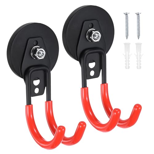 M METERXITY 2-Pack Strong Garage Magnetic Hooks, Magnetic Cable Holder with Anti-Slip Coating, Small J Hooks with Magnet for Garden Tools/Hose/Straps/Magnetic Cable Holder [Orange]