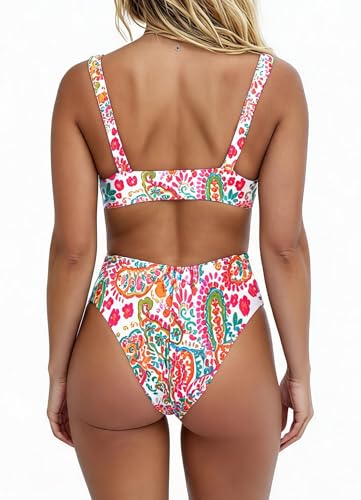 Image of geluboao Bikini Set for Women Solid V Neck Knot Front Push Up High Leg Thong Two Piece Swimsuit