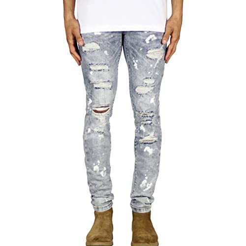 Maiyifu-GJ Men's Ripped Distressed Paint Jeans Destroyed Washed Motorcycle Jean Punk Style Holes Slim Fit Denim Pants (Light Blue,36)