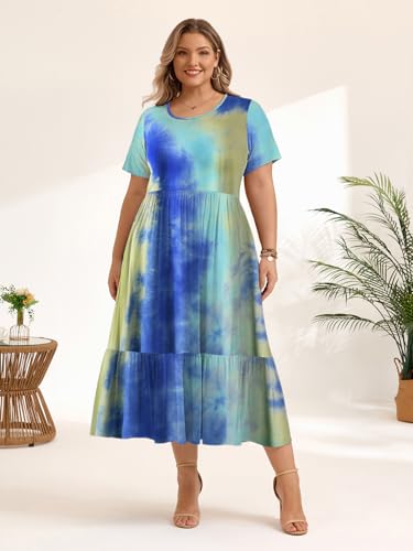 Image of LARACE Plus Size Dresses for Women Summer Casual Short Sleeve Long Dress Flowy Maxi Beach Dresses with Pockets L-6XL