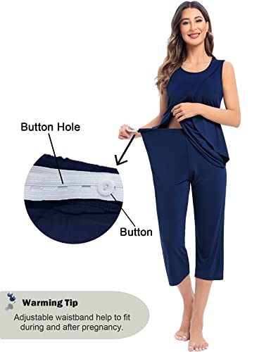 Swomog Maternity Pyjama Set Labor Delivery Nursing Pjs Sleeveless With Pockets Double Layer Pregnancy Breastfeeding Sleepwear Navy Blue #TOP1