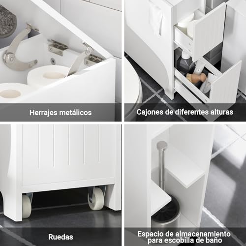 Miniatura 7 de Sobuy Mueble De Baño Estrecho Con Ruedas Armario Baño Con Cajones Para Papel Higiénico, Mueble Auxiliar Multifuncional En Madera, Blanco, 20x75x60 Cm, Bzr111-W