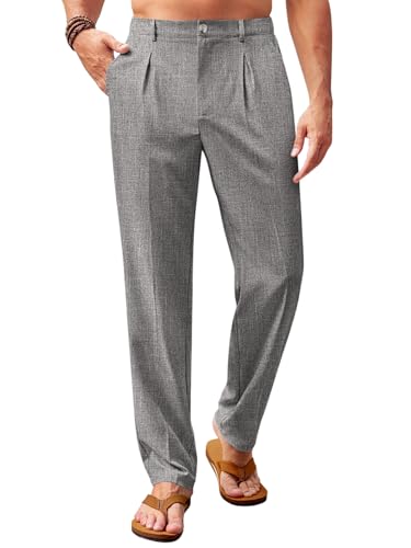 Image of Runcati Mens Casual Pants Elastic Waist Lightweight Loose Pleated Slacks | Summer Beach, Yoga Trousers, Button Closure, Straight Leg, With Pockets, Solid Color