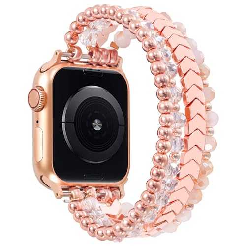 Image of MOFREE Beaded Bracelet Compatible for Apple Watch Band 38mm 40mm 41mm 42mm 44mm 45mm Women,Fashion Handmade Elastic Stretch Strap for iWatch Series SE 8 7 6 5 4 3 2 1