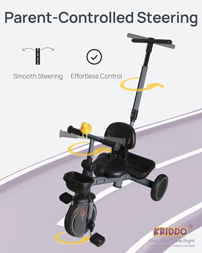 Image of KRIDDO 2-in-1 Tricycle for Toddlers 1.5-5 Years, Push Tricycle with Parent Steering & Detachable Handle, 9-Stage Adjustable Handlebar, Toddler Trike with Safety Belt, Clutch Pedals & Dual Basket, Grey