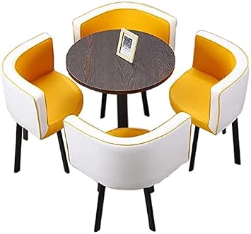 Office Table and Chair Set Small Dining Table Set, 5-Piece Modern Round Vintage Negotiating Home Table Chair Combination Simple Reception Leisure Leather Coffee Sofa Seat Office  Color White+yellow