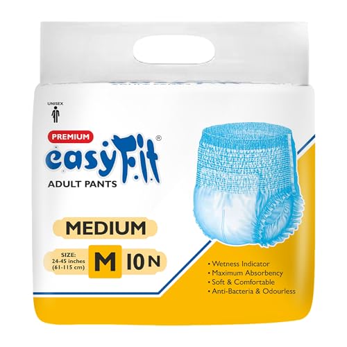 Image of Easyfit Adult Diaper Pants | 10 Count (Medium) | Waist 24-45 inch (61-115 cm) | Unisex | Leak Proof | Wetness Indicator | Overnight Protection | Elastic Waist | Anti-Bacterial Absorbent Core