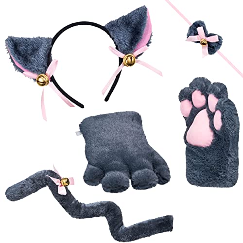 Balinco Cat Costume Set, Cat Ears Hairband + Plush Paws + Bow Tie + Cat Tail, Animal Dress, Anime, Cosplay Party, Halloween