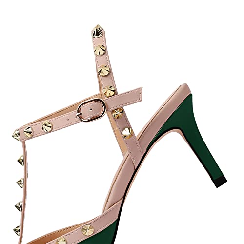 Image of XINIUNIU Studded Heels for Women Kitten Heels with Studs Stiletto Sandals with Rivet Ankle Strap Patent Leather Pointy Toe 2.5 Inch Party Daily Wear Evening Sandals