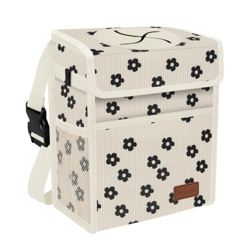 Image of Femuar Leak Proof Car Trash Can with Lid, Collapsible Hanging Waterproof Car Trash Bag with Mesh Pocket for SUV Front Seat Headrest, Beige Flower