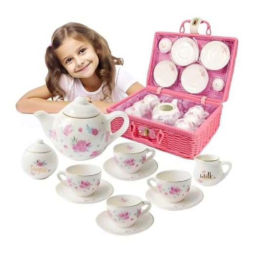 Jewelkeeper Porcelain Tea Set for Little Girls with Pink Picnic Basket, Floral Design, 13 Pieces