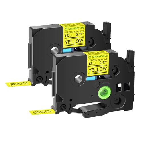 GREENCYCLE Extra Strength Label Tape TZe-S631 12mm 0.47" Laminated Yellow Compatible for Brother P-Touch TZeS631 TZ-S631 TZe TZ 1/2 inch Black on Yellow Label Tape for PT-D200 PT-D210 PT-D220, 2 Pack