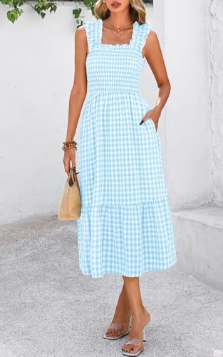 Image of PRETTYGARDEN Women's Summer Dress Casual Ruffle Strap Gingham Midi Sundress