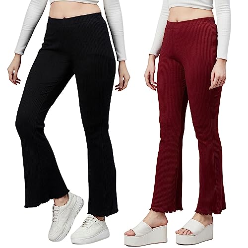 Image of BLINKIN Women's Stretch Fit Mid Rise Ribbed Stretchable Flared Pants | Boot Cut Bell Bottom Pants - Ideal for Yoga & Gym Wear,Casual Wear & Office Wear Trousers