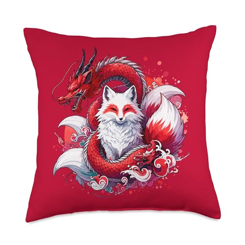Nine-tailed Fox Kitsune Dragon Japanese Throw Pillow