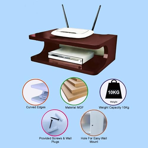 Image of Dime Store Set top Box Stand | WiFi Router Holder Wooden Wall Shelves | Setup Box Stand for Home | Wall Mount Stylish WiFi Router Holder TV Cabinet Living Room Furniture