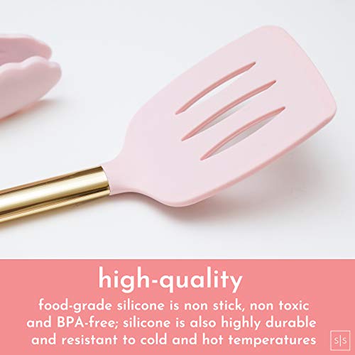 Gold & Pink Kitchen Utensil Set With Holder - Pink Cooking Utensils:gold Whisk,Gold Ladle,Pink Spatula,Gold Tongs,Pink Spoon,Turner,Gold Utensil Holder - Pink Kitchen Accessories & Pink Kitchen Decor #TOP1