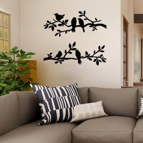 ESTART Wanddekoration mit Vögeln aus Metall, 2 Stück, lebendige Vögel auf AST, Silhouette, für den Außenbereich, Wandskulptur zum Aufhängen, für Zuhause, Küche, Balkon, Garten (Schwarz)